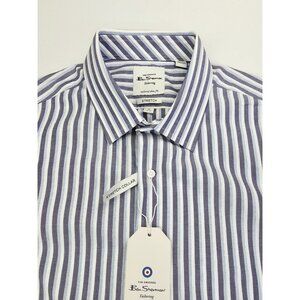 Ben Sherman Tailored Slim Fit Stretch 17 32-33 Mens White Blue Gray Stripe NWT